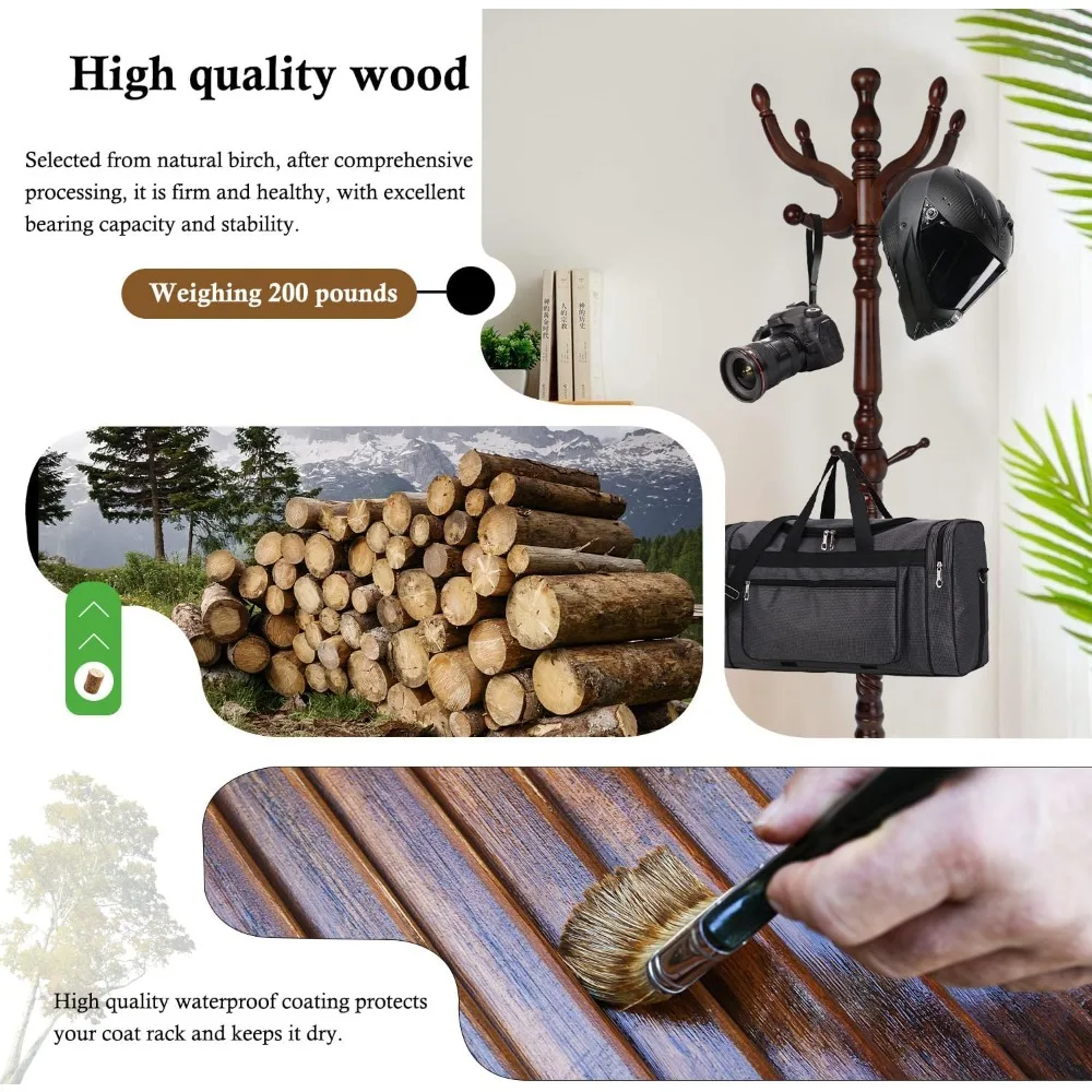 شجرة معطف من الخشب الصلب مع 11 خطافًا، رف متين قائم بذاته مع قاعدة مستديرة ثابتة، لمسة نهائية من خشب البتولا الطبيعي