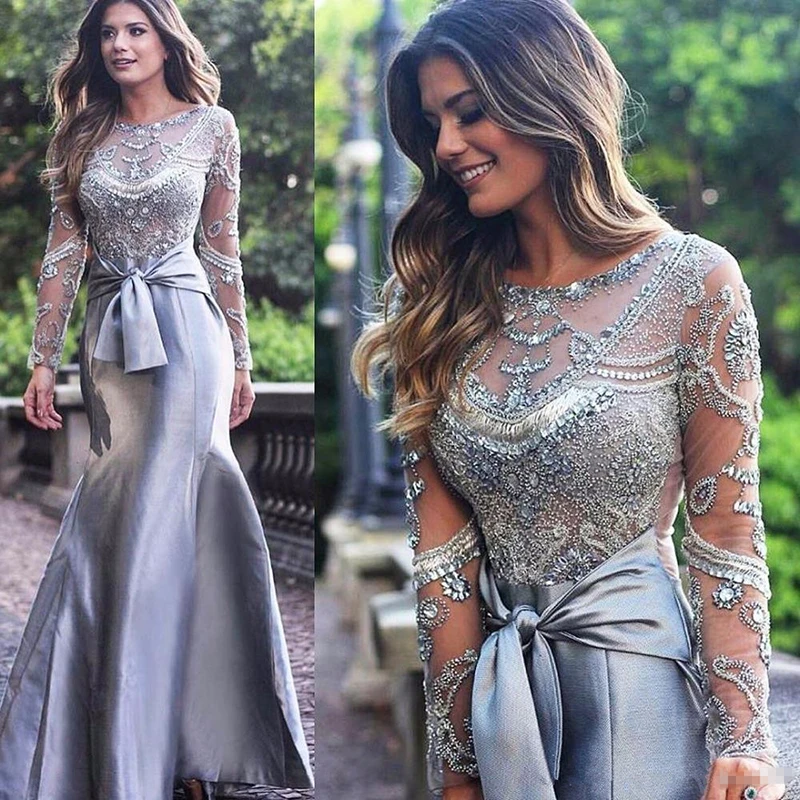 Latest Gorgeous Silver Mermaid Mother of the Bride Dresses Long Sleeves Beading Jewel Neck Wedding Guest Gowns Bow Belt 2022