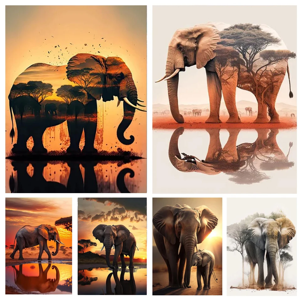 5D Diamond Art Painting DIY Night Forest Elephant Shadow Tree Mosaic Full Square Round Drill Diamond Embroidery Best Gift H658