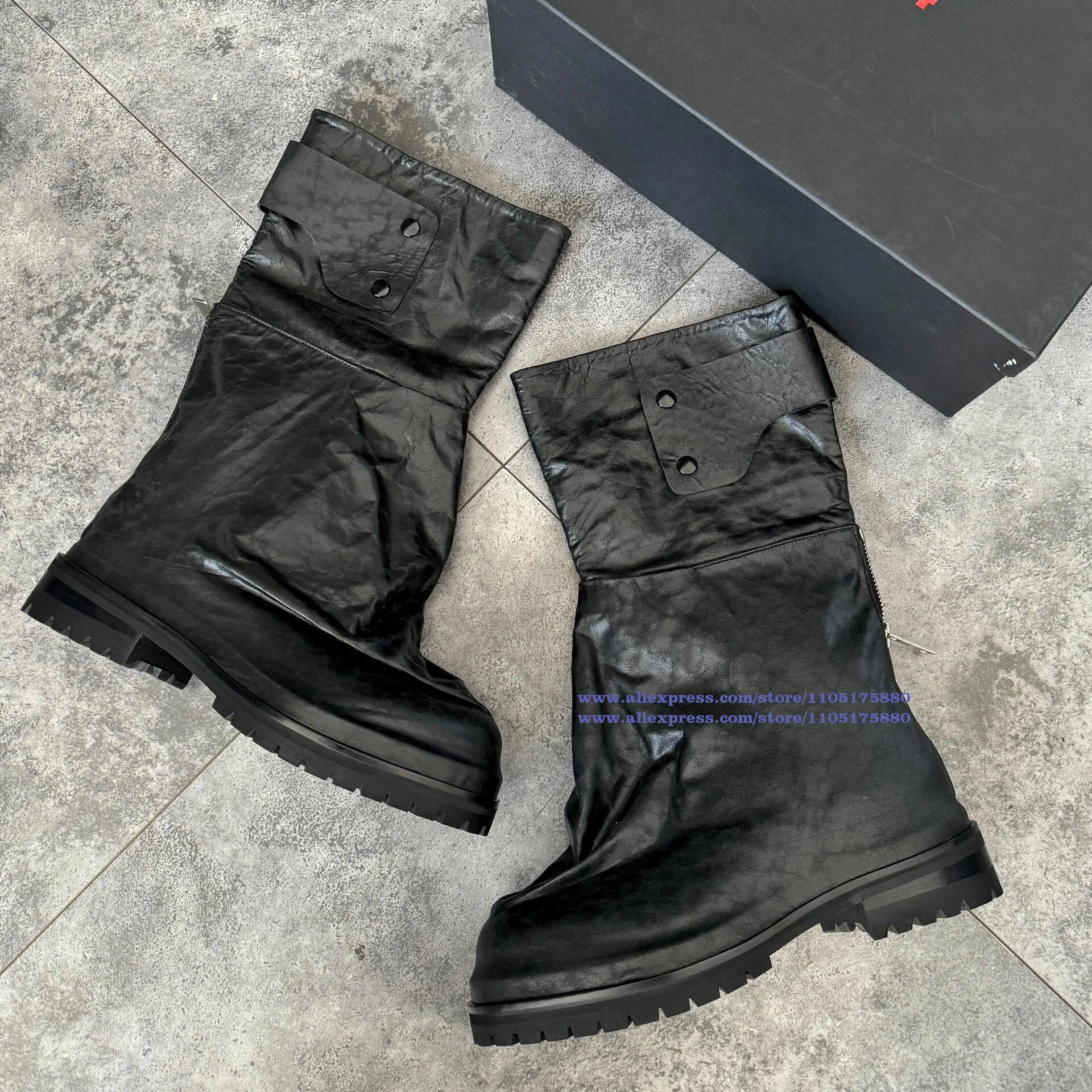 Black Leather Thick Soled Men's Boots Round Toe Chunky Sole Ankle Booties Trendy Luxury Designer Men's Boots Botas Mujer