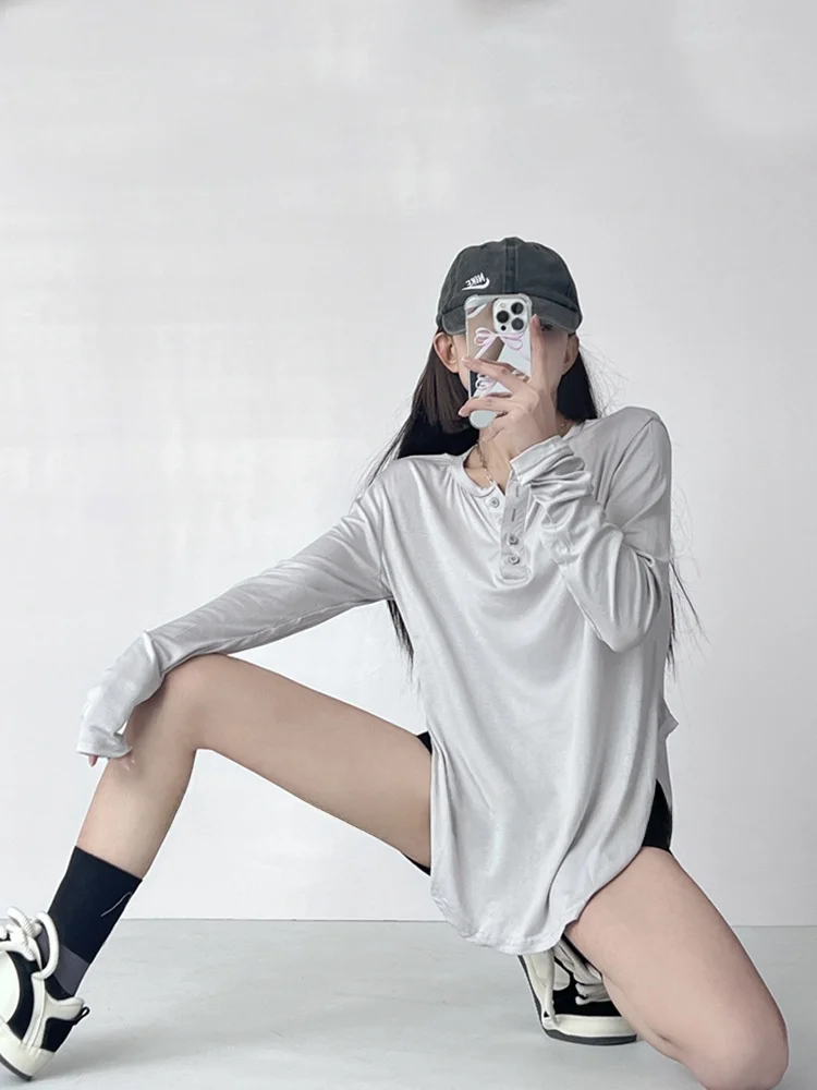 كسول الساخن فتاة طويلة Sve تي شيرت المرأة فضفاض الحماية من الشمس عادية Sle V-Ne لون نقي تخفيف Faion الصيف الأعلى #1