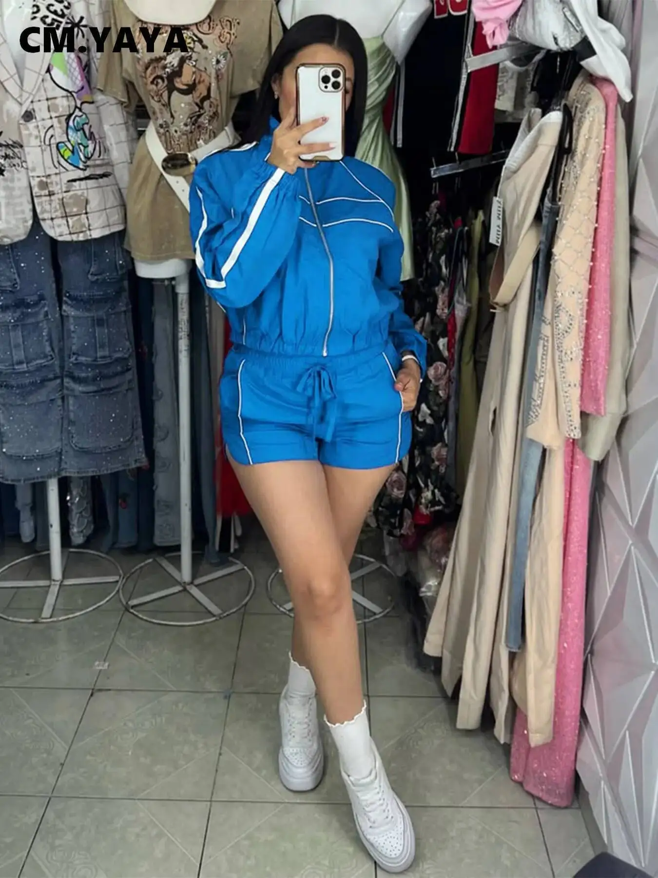 

CM.YAYA Women's Long Sleeve Jacket + Shorts Suit 2025 Summer Streetwear Active Slim Sporty Two 2 Piece Set Outfit Tracksuit