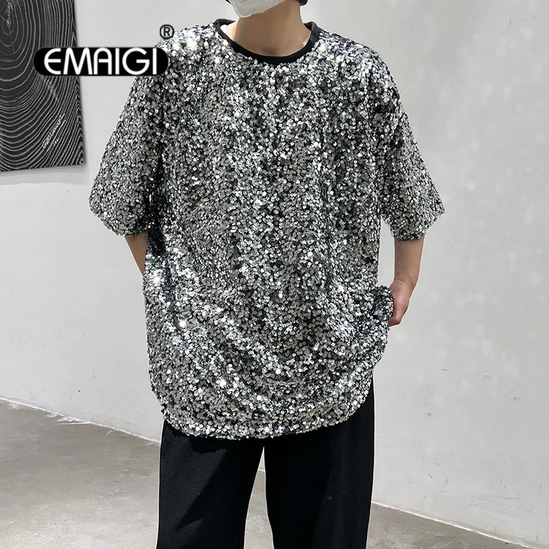 

Men Women Sequin T-shirt Stage Fashion Show Hip Hop Loose Casual Short Sleeve Tee Shirts Dance Clothing Couple Tshirts