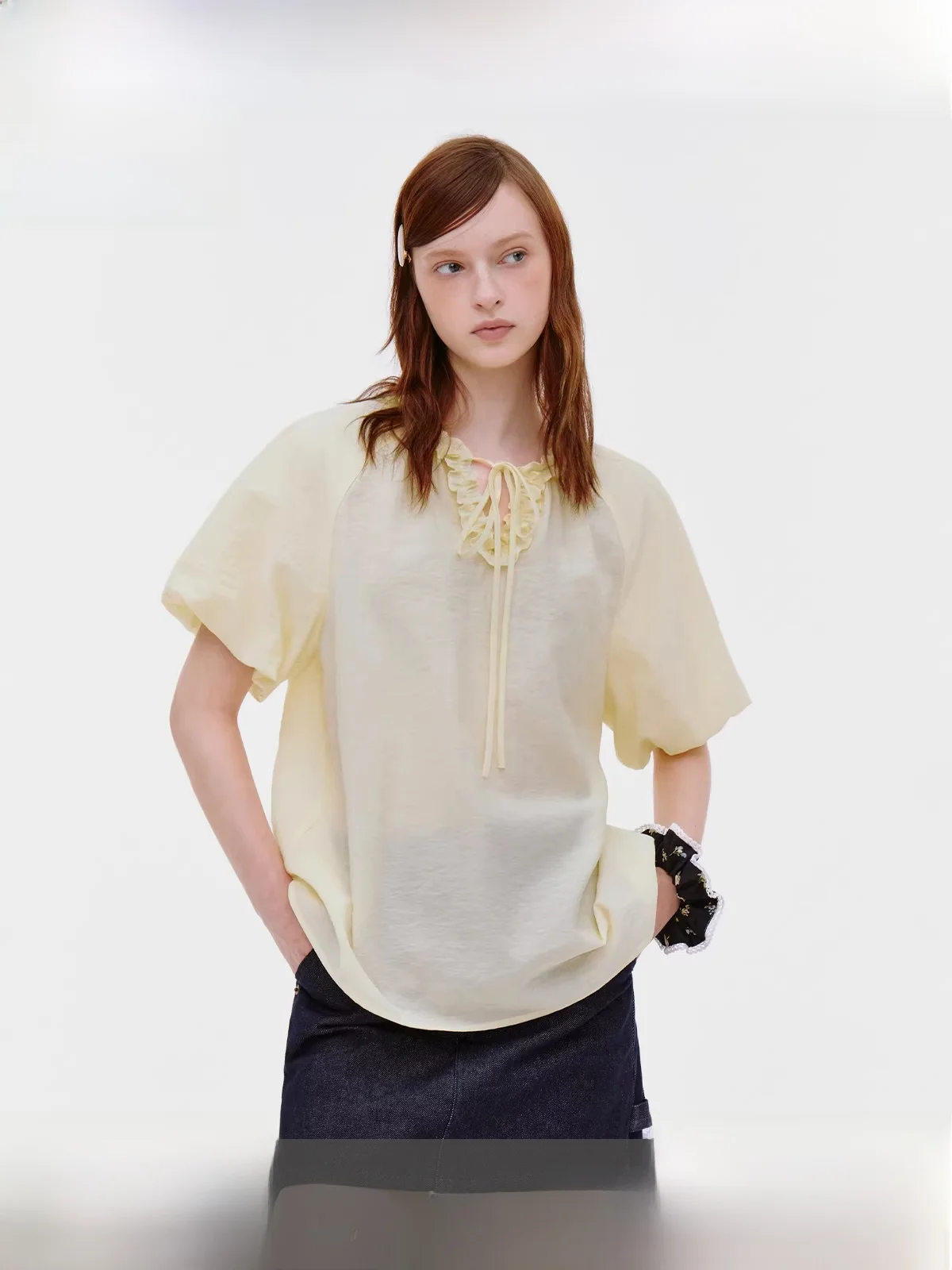 

Fano Romantic Lace Trim Linen Blend ort Sve irt V Ne Tie Design Summer Top Women's Korean Sle Loose Fit Blouse