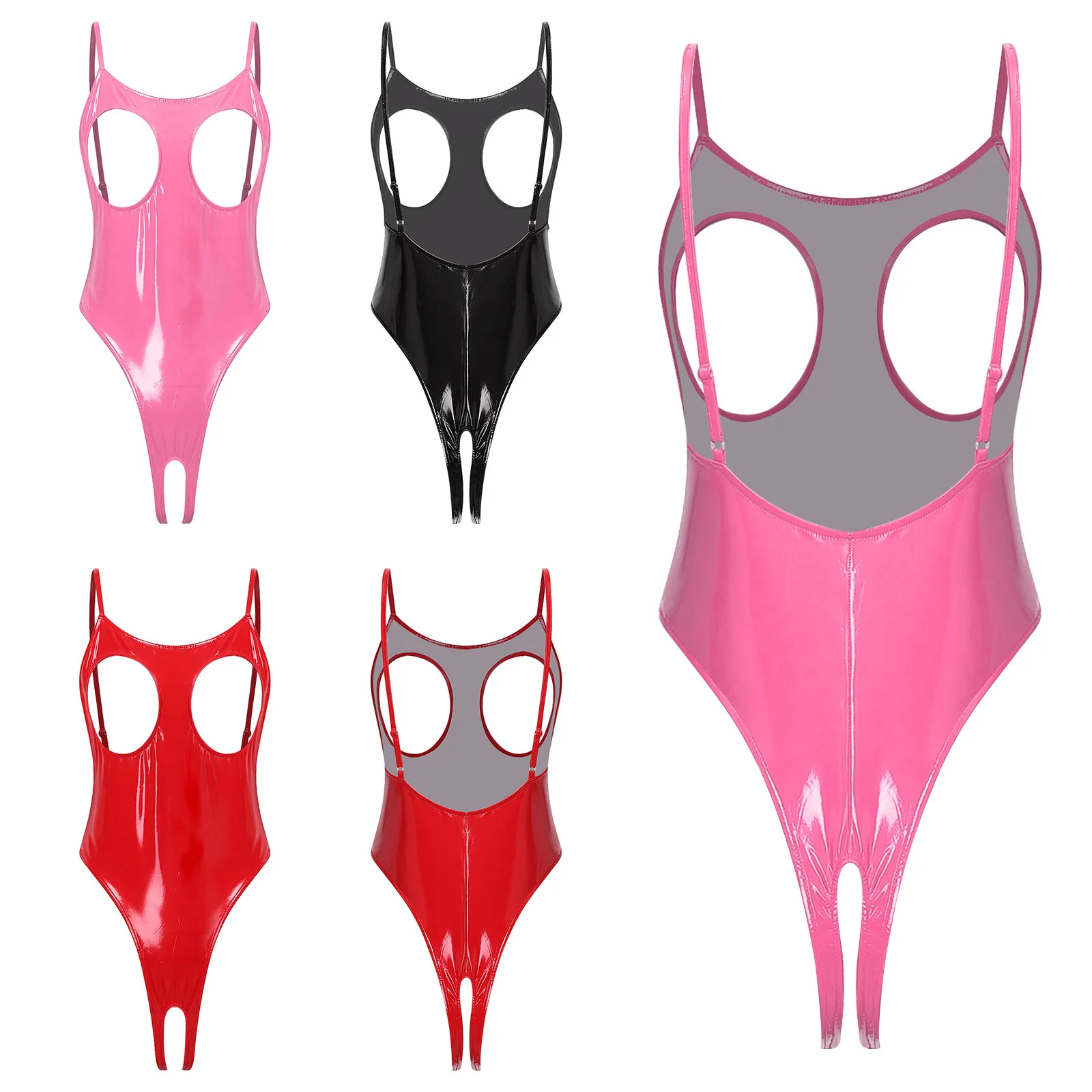 Womens Sexy PU Leather One Piece Lingerie Bodysuit Wet Look Hollow Out Open Cup Crotchless High Cut Leotard Catsuit Nightwear