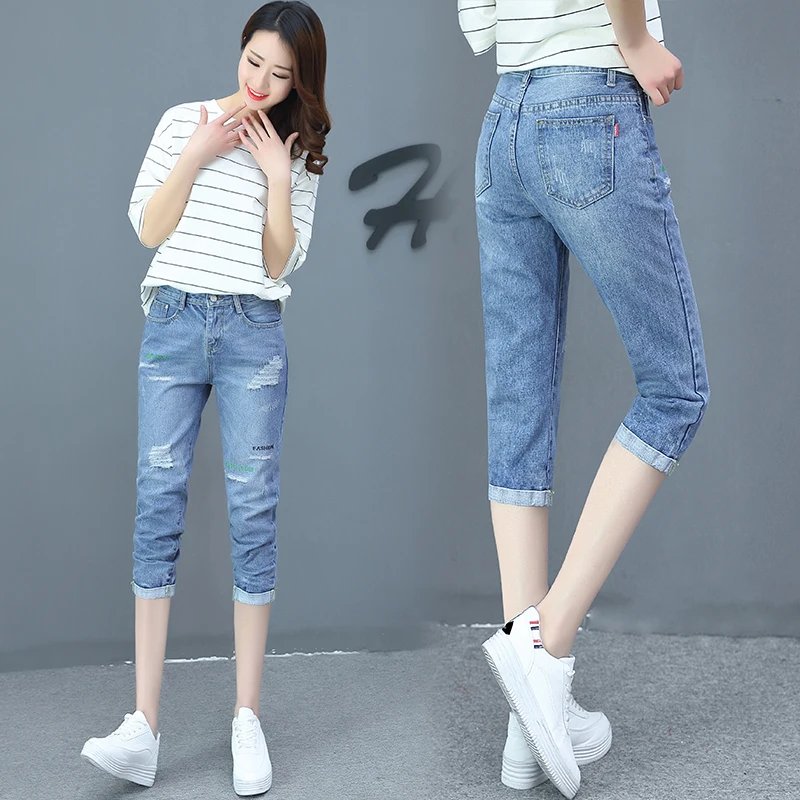 

High Waist Seven-Foot Hole Denim Jeans Women's Loose Fit Thin Autumn Dad Pants Nine-Foot Old Dad Trousers Medium-Length
