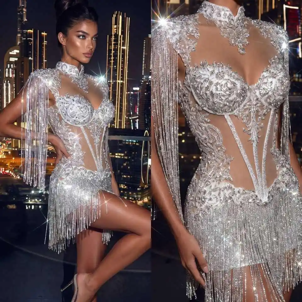Exquisite Evening Dresses One-Shoulder Sleeveless Dress Diamond Sequins With Train Prom Cocktail Party Customized Plus Size