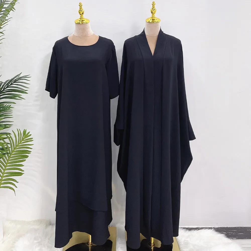 Eid Open Abaya Two Piece Muslim Sets Kebaya Dubai Solid Hijab Dress Islam Muslim Women Clothing Dubai Abayas Ramadan Dresses