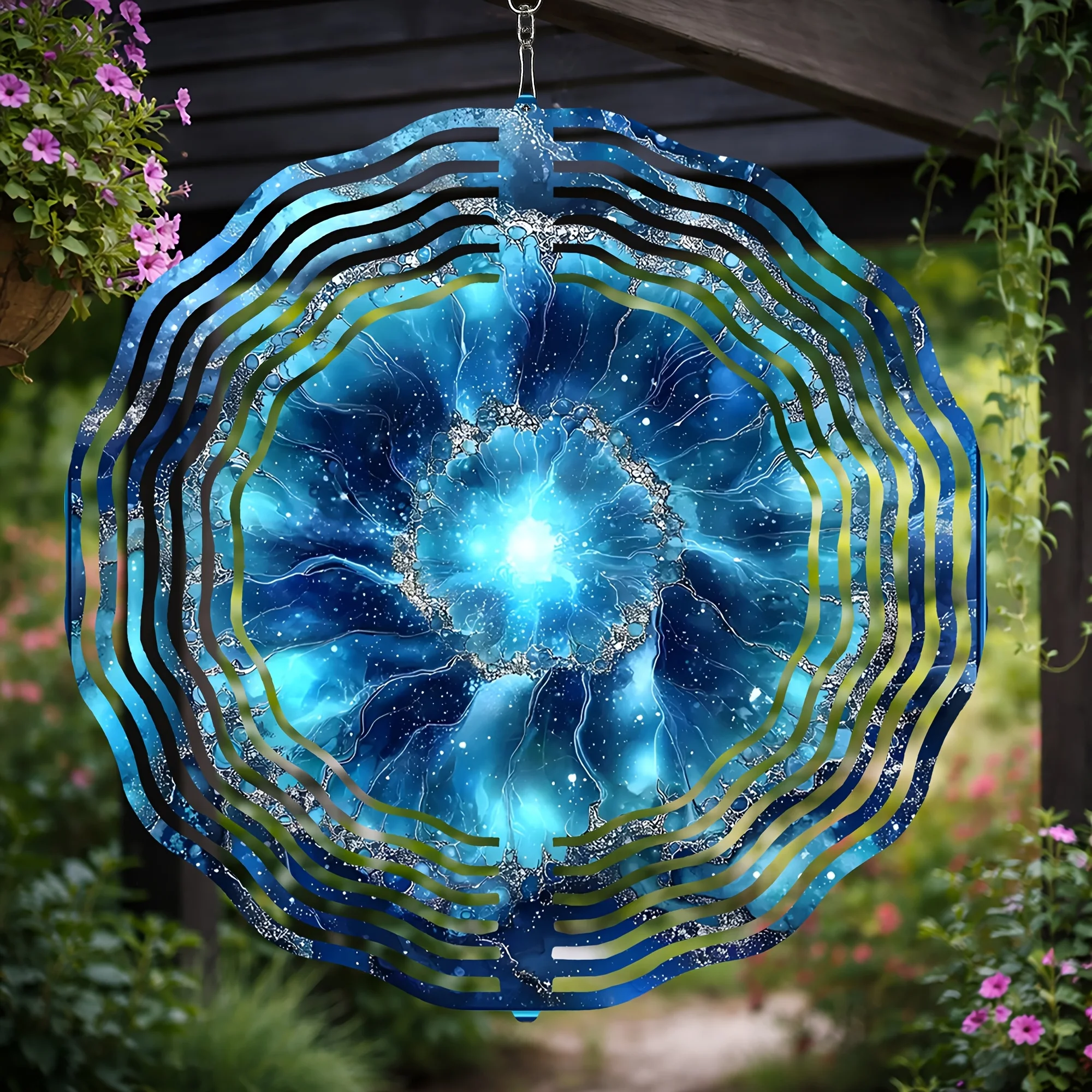 Modern Abstract Blue Flower Wind Chimes with a Radial Center, Suitable for Meditation Spaces And Outdoor Zen Gardens