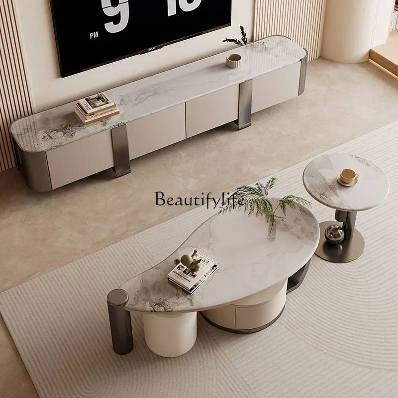 88. طاولة قهوة إيطالية بسيطة من بلاطة الصخور مجموعة غرفة معيشة صغيرة حديثة #5