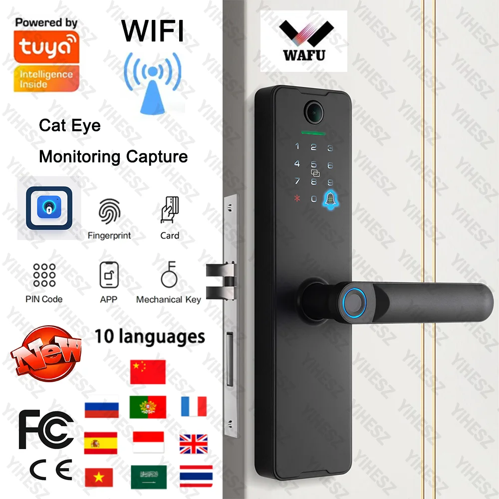 

Tuya Wifi Wafu X8 Smart Digital Electronic Door Lock With Cat Eye Camera Fingerprint Remote Unlocking Keyless Card Password Lock