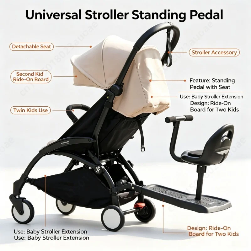 Universal Stroller Standing Pedal with Detachable Seat, Second Kid Ride-On Board, Twin Kids Stroller Accessory