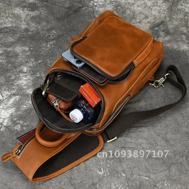 Luufan Men's Chest Bag Genuine Leather Shoulder Messenger Bag Male Travel Tablet Pack Bags Bag Crossbody Day Summer Design Sling