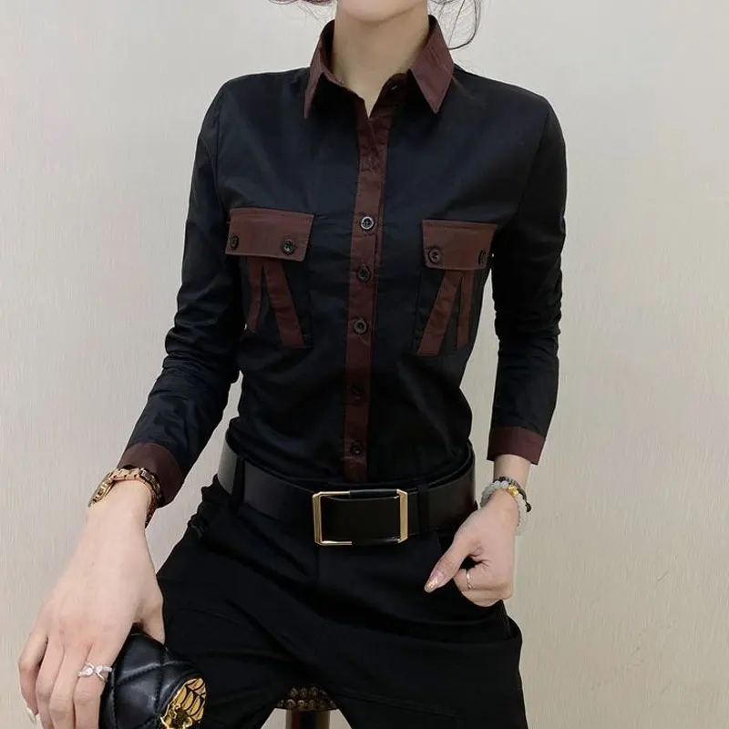 Spring Autumn Moto Biker Pockets Patchwork Blouse Casual Slim Solid Color Turn-down Collar Female Clothing Single-breasted Shirt