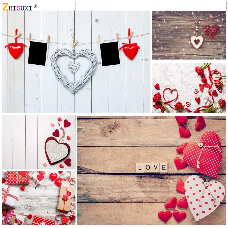 Vinyl Custom Valentine Day Photography Backdrops Prop Love Heart Rose Flower Wooden Floor Photo Studio Background  21415 ZOOM-04