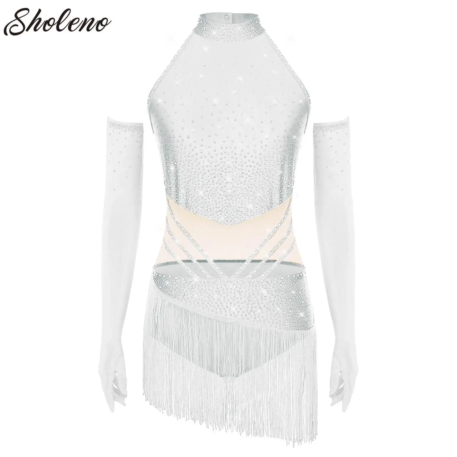 

Kids Girls Artistic Figure Skating Costume Ballet Lyrical Dance Dress Glittering Rhinestone Rhythmic Gymnastics Leotard+Gloves