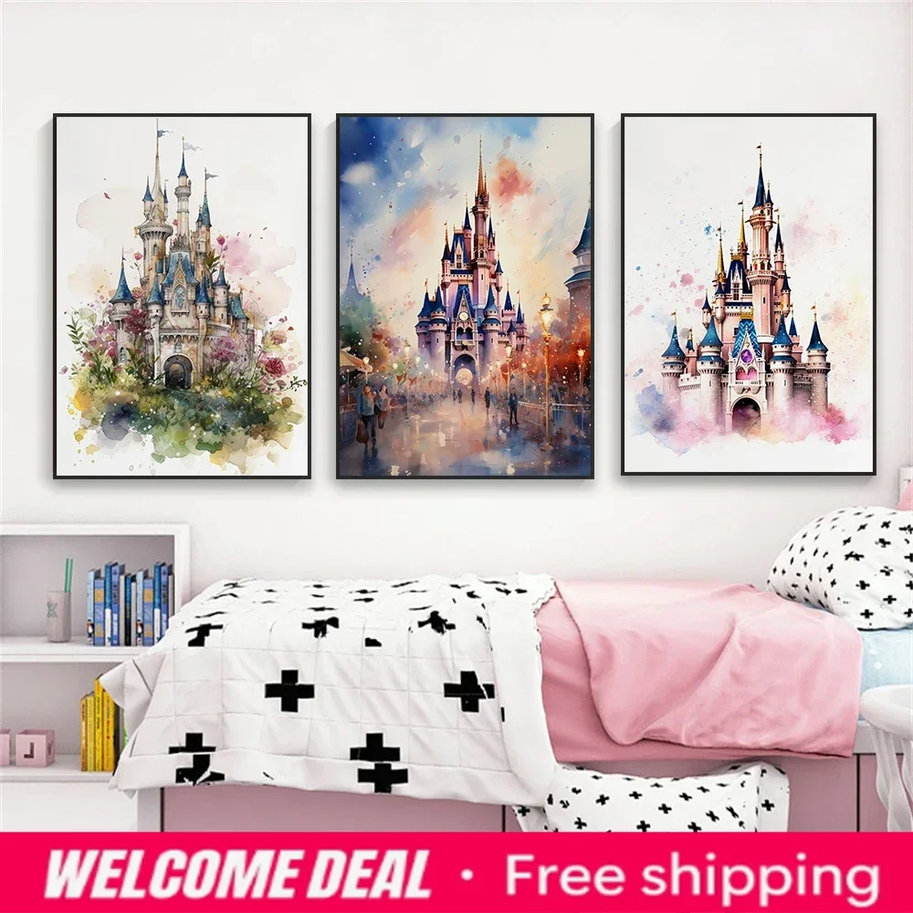 2026  Magic Kingdom Art Print Poster Disney Magic Castle Art Watercolor Canvas Painting Princess Castle Prints Kid Nursery Wa