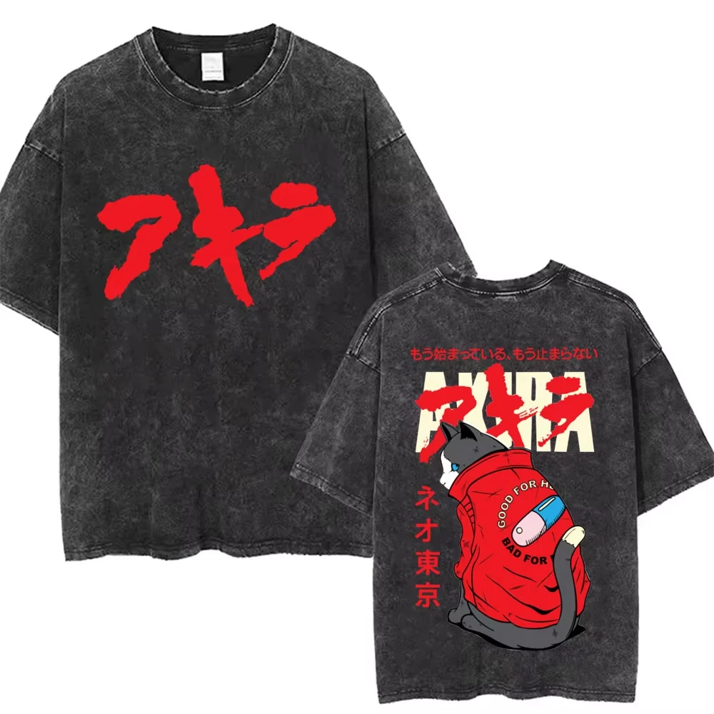 

2025 Washed Vintage Anime Akira T Shirts Japanese Science Fiction Cartoon Movie Shotaro Kaneda T-shirt Men's Manga T-shirts
