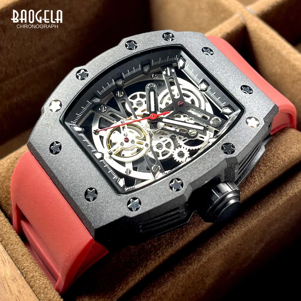 BAOGELA Military Sport Watch for Men Red Silicone Strap Analog Quartz Wristwatch with Luminous Hand Tonneau Dial Waterproof 4149