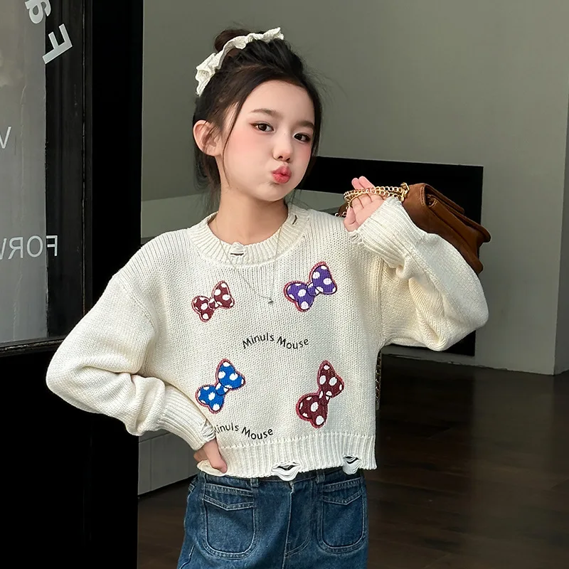 Girls' Korean loose sweater 2024 autumn new printed knitted sweater round neck pullover sweater