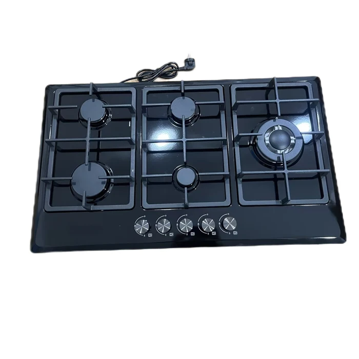

Fiver Burners Kitchen Cooker Electronic Ignition Tempered Glass Cooktop Metal Knob Cast Iron Pan Support LPG NG Stove