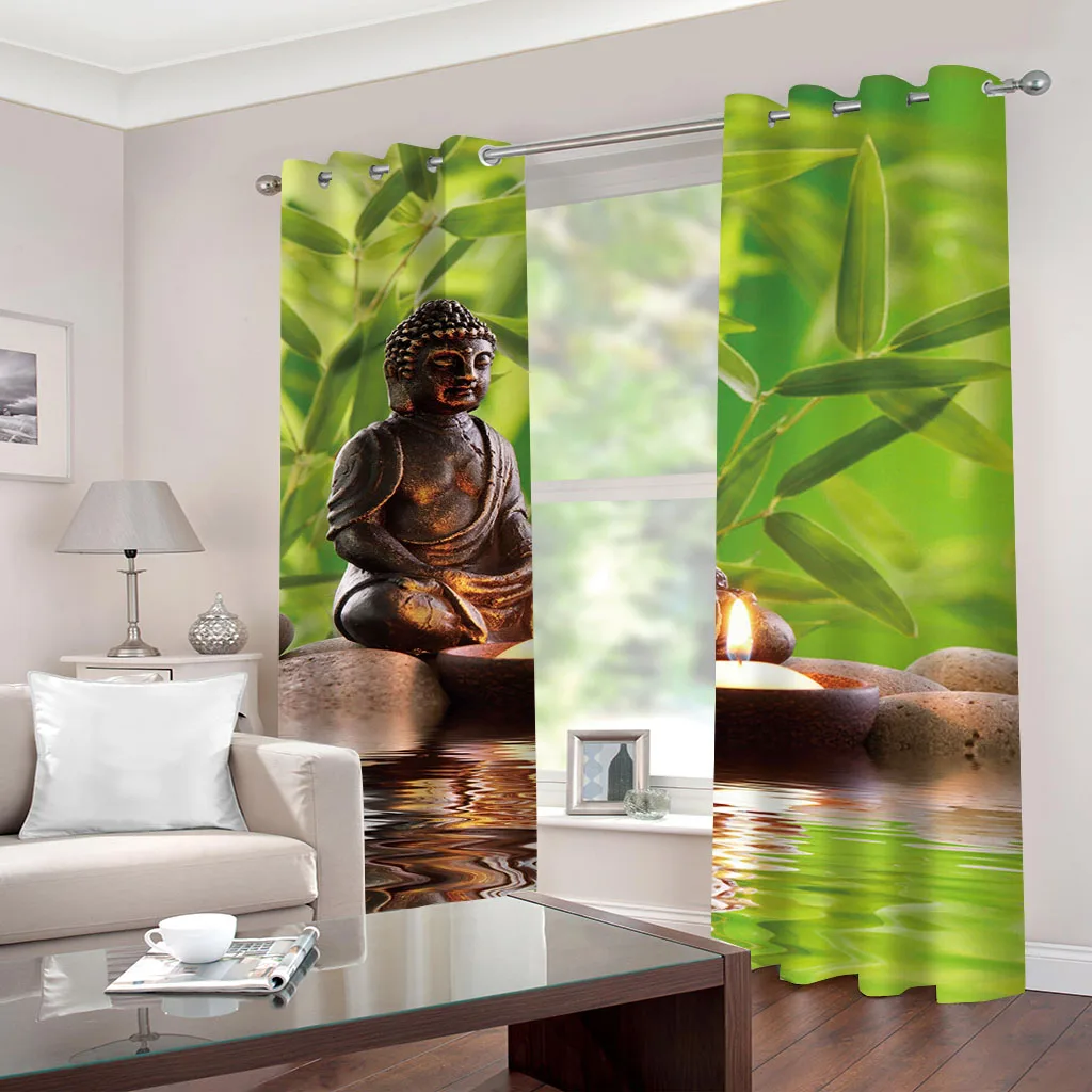 HUANZHUANG Bedroom Blackout Curtains Buddha Statue Candle Bamboo Leaf Cheap Modern Curtains For Windows Living Room Decor