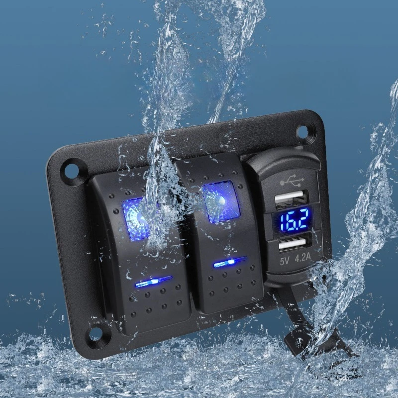 For RV Marine Boat LED Rocker Switch Panel Digital Voltmeter Dual USB Port DC 12V 4.2A Car USB Charging Switch Panel Accessories