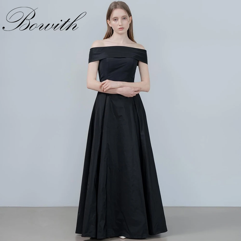 

Bowith Simple Black Wedding Dresse Customized Korea Photoshoot Boat Neck Satin Bridal Gown Customized Sleeveless Evening Dresses