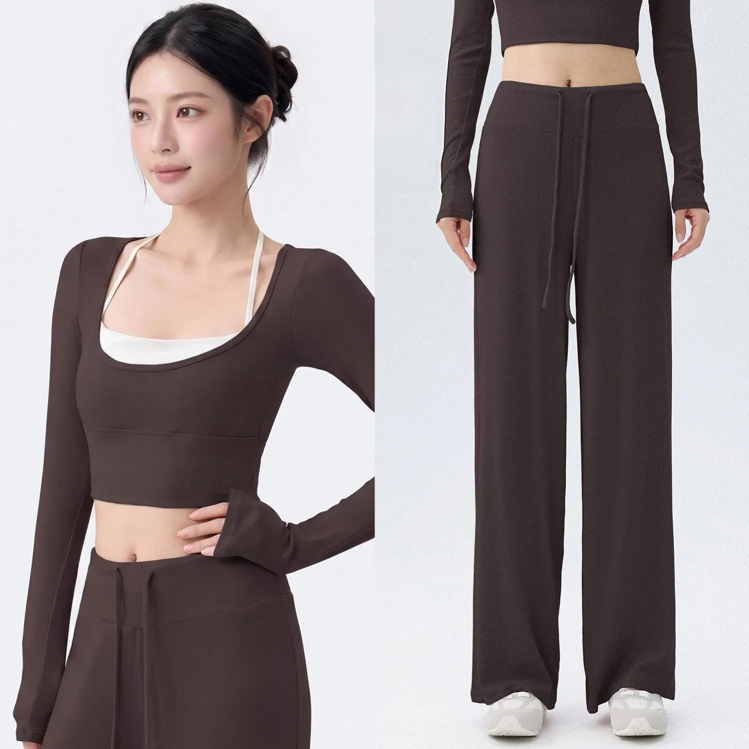 Yoga Pants for Women Loose Running Drape Straight Leggings Pilates Training Sports Suit Long-sleeved Relaxed Fitness Clothes Set
