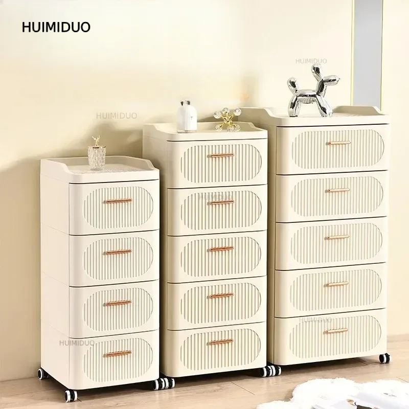 Cream Style 5-Drawer Chest-Multilayer Bedside Organizer with Sliding Design Slim Storage Cabinet for Living Room& Bedroom Closet