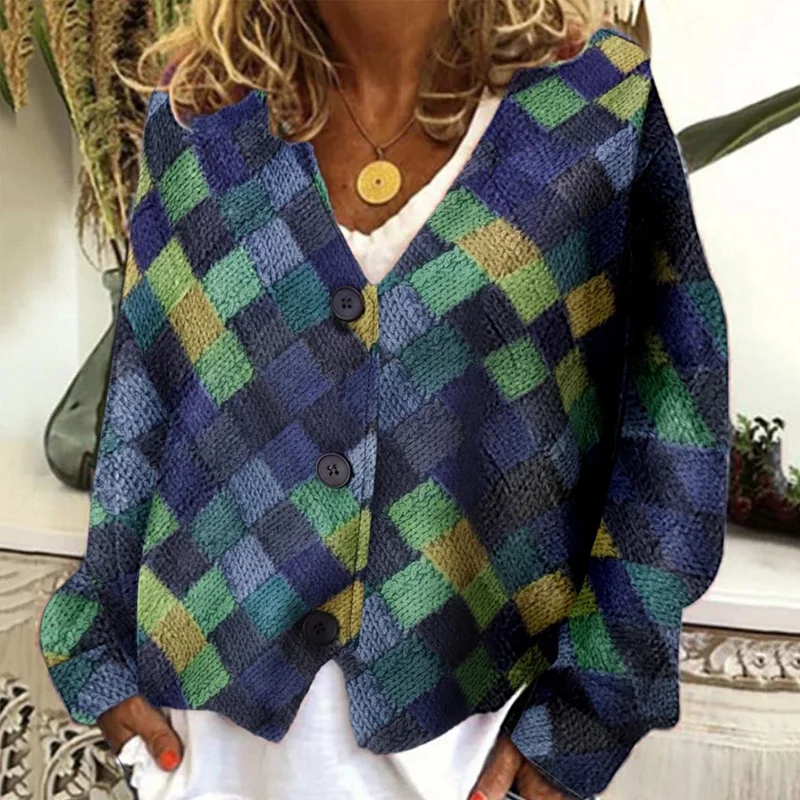 Donna Casual scollo a V giacca irregolare cappotto Vintage Block Plaid Print Cardigan allentato autunno inverno manica lunga Femme capispalla