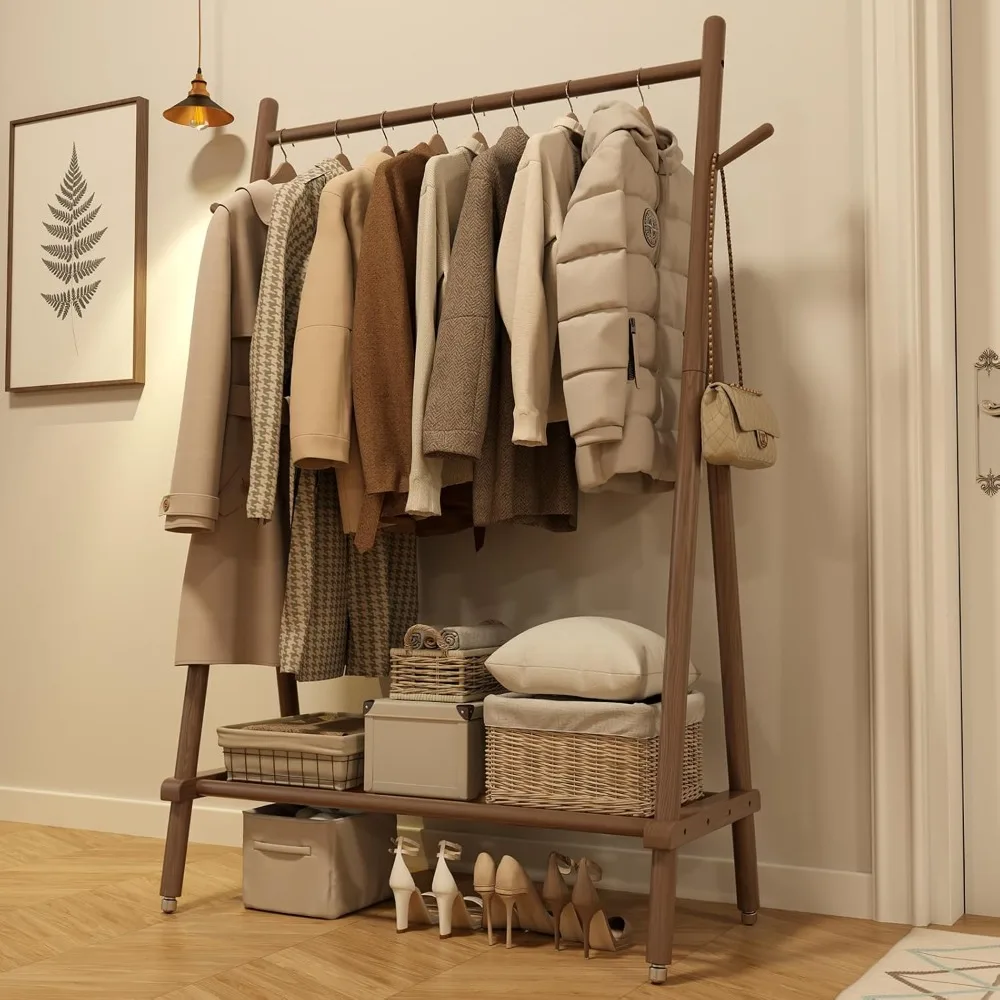 

3-in-1 multi-functional storage Solid Wood Rolling Coat Rack with Shelves & Removable wheel design, Load 350 Lbs, Coat Rack