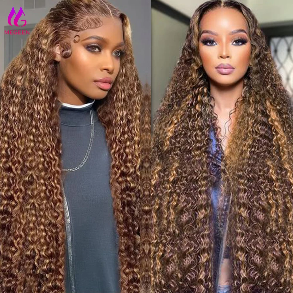 

Megeen P4/27 Transparent Lace Frontal Wig Highlight Water Wave Wig 13X4 Lace Front Wig Human Hair Honey Blonde Ombre Colored Wig