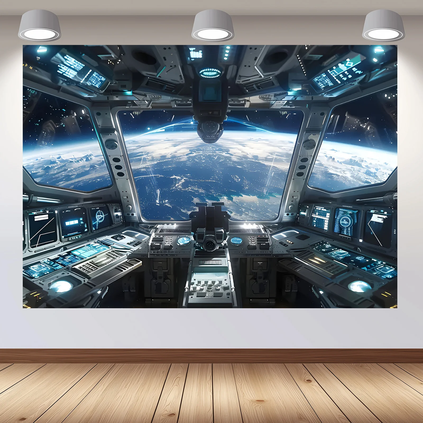 Décoration murale de cockpit de vaisseau spatial en polyester, conception de salle de contrôle de navigation futuriste, bannière multifonctionnelle