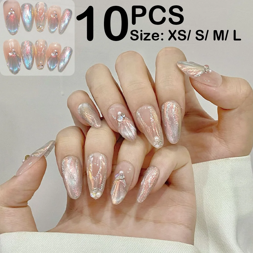 

10 PCS Blue Mermaid Tail Press On Nails Mid Length Ellipse With Pink Cheek Color Fake Nails Summer