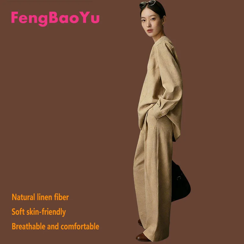 

Комплект Feng Baoyu из 100% натурального льна: женский топ с длинными рукавами и брюки с широкими штанинами. Изысканная, элегантная, высококачественная женская одежда.