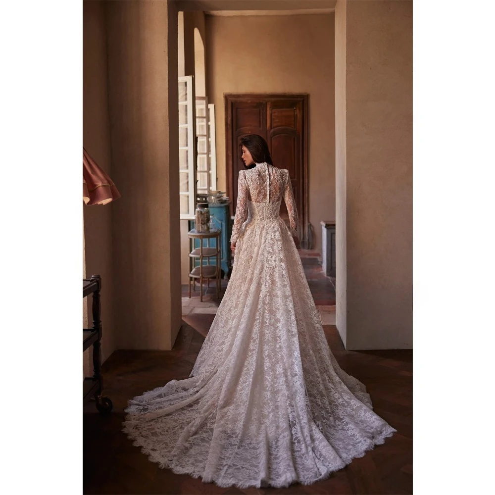 

Роскошные кружевные свадебные платья для невесты, фасон «русалка», со съемным шлейфом, высоким воротником, на пуговицах, пошив на заказ