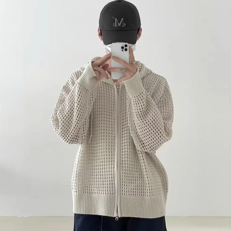 Mesh Hollowed Out Knitted Hooded Long Sleeved Jacket Summer Fashionable Solid Color Loose Cardigan Korean Casual Neutral Jacket