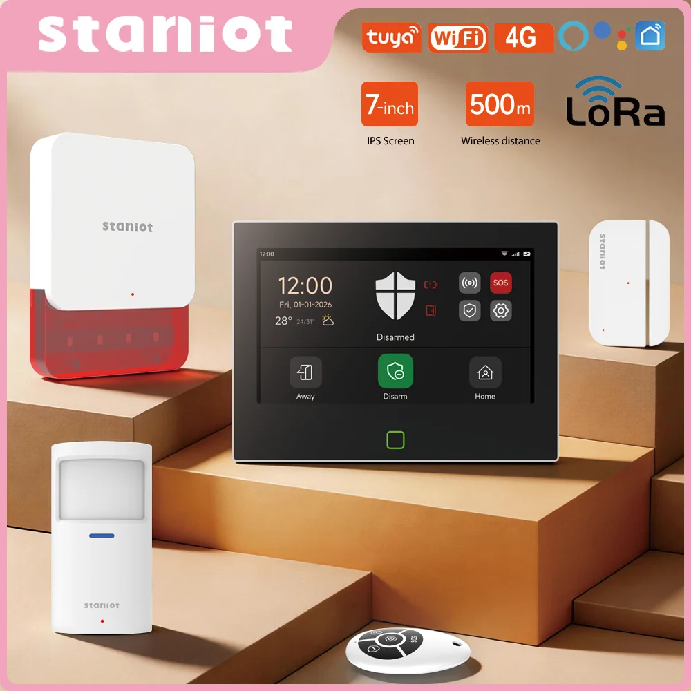 Staniot 7-Zoll Lora Version Tuya Alarmsicherheitssystem Kabellos 500m Übertragungsreichweite WiFi 4G Eingebaute Sirene Smart Alarm