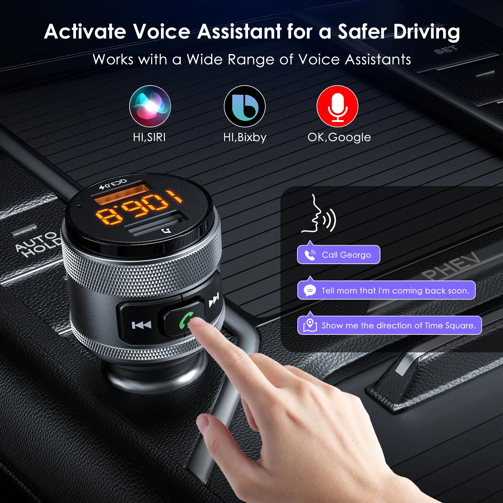 LENCENT Bluetooth 5.0FM Transmitter with 2 USB Ports 3.0 Wireless Bluetooth FM Radio Adapter Music Player for Car Kit