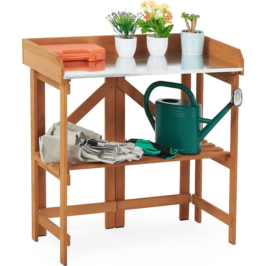 

Folding Potting Bench Outdoor Solid Wood Foldable Garden WorkBench Station for Planting Horticulture with Shelves