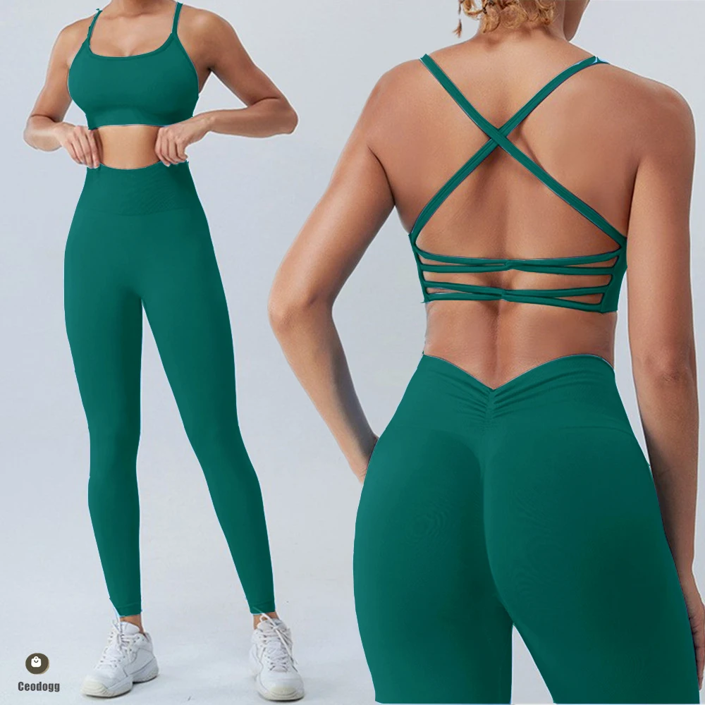 

2PCS Seamless Yoga Set Women Sports Outfit Bra Fitness Suit High Waist V Back Leggings Running Workout Pant Active Wear XP17