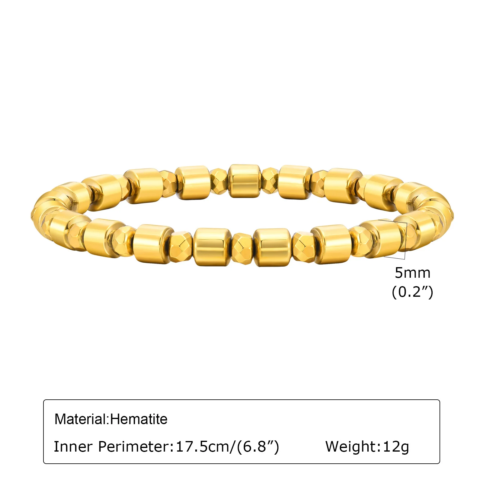 Hematite Beaded Bracelets for Men Boys,Gold Color Cylindrical Beads Bracelet,Eliminating negative energy in the body