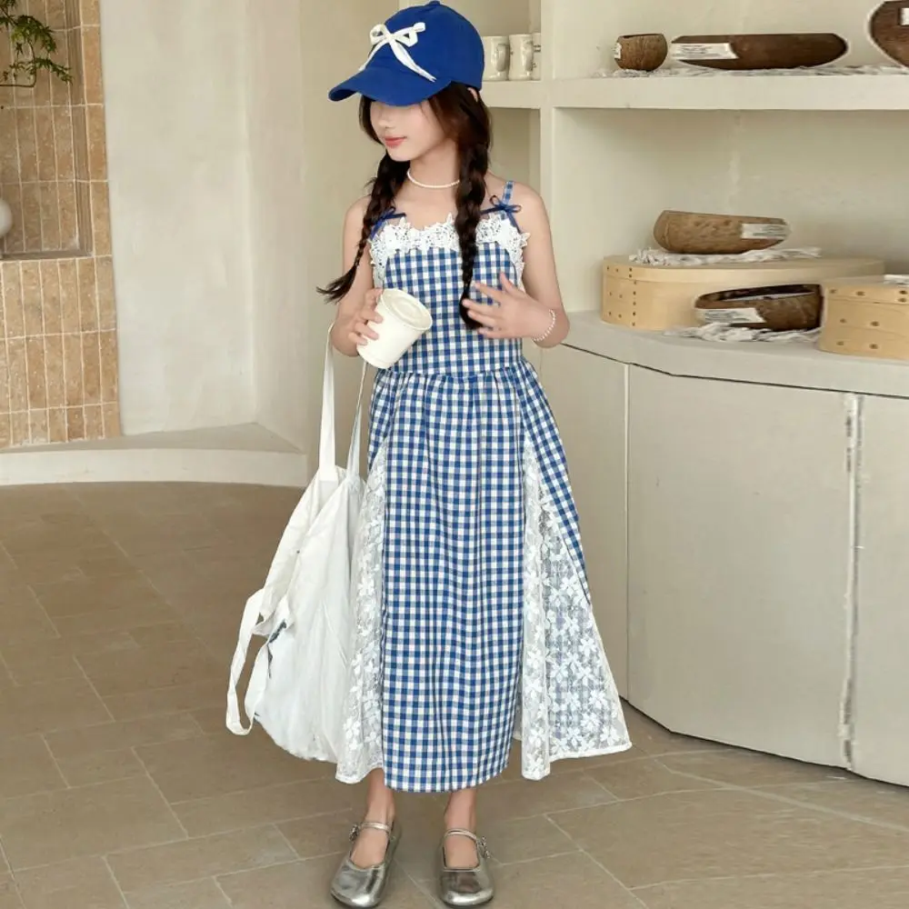 

Fashion Plaid Girl Princess Dress Lace Mesh Loose Teens Sling Dress Sweet Skirt Children Sleeveless Dresses Party