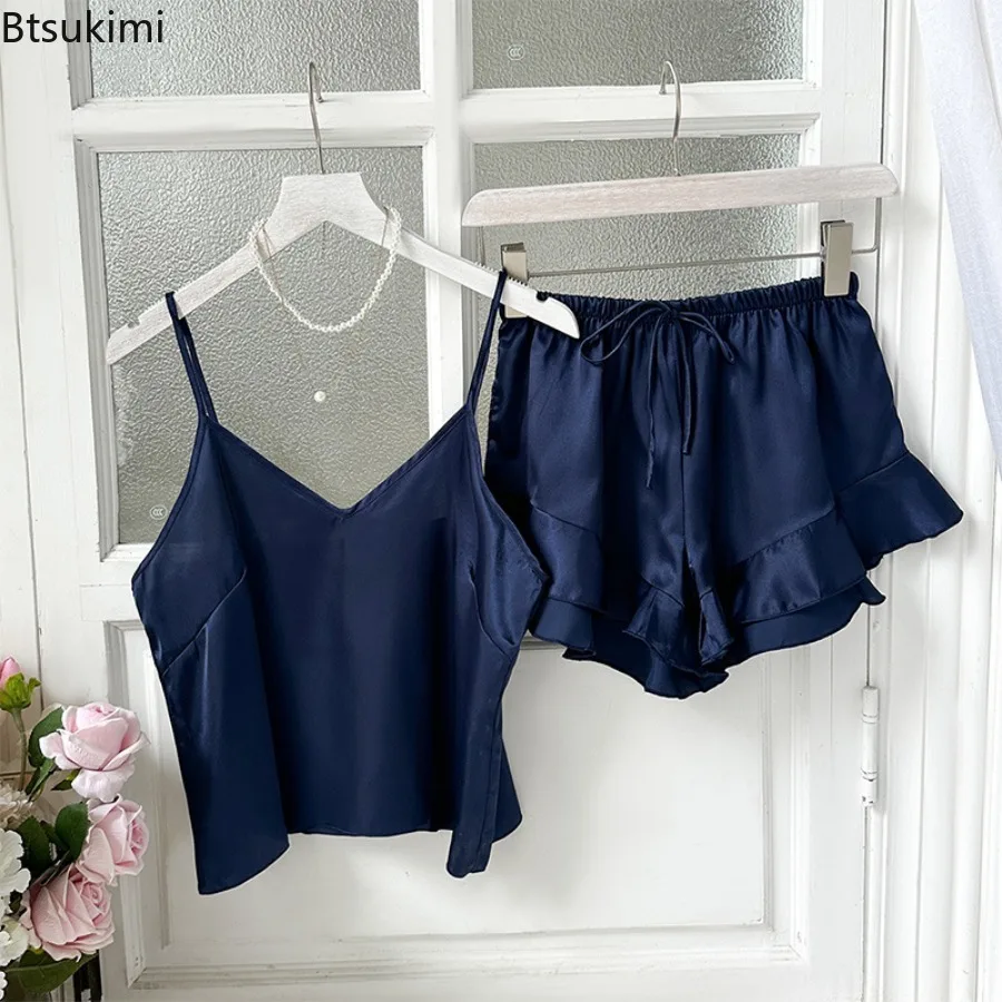 Women's Summer Pajamas Set Nightwear Sexy Strap Top and Shorts Home Clothes Sexy Satin Sleepwear Solid Color Loose Loungewear