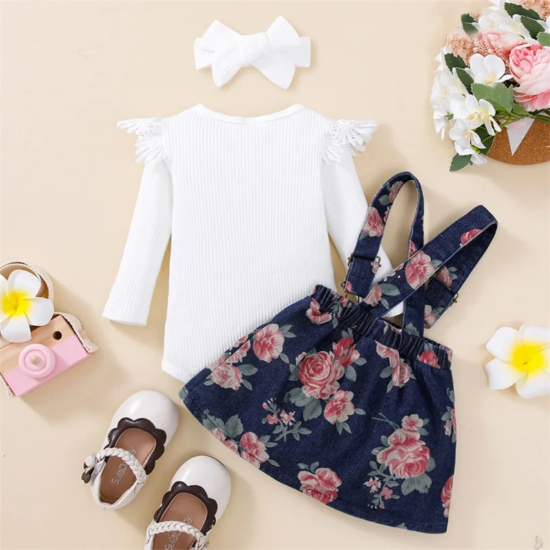 0-24 Months 3Piece Baby Girls Set Ribbed Long Sleeve Ruffled Romper Floral Denim Overalls Skirt Headband Adorable Outfits