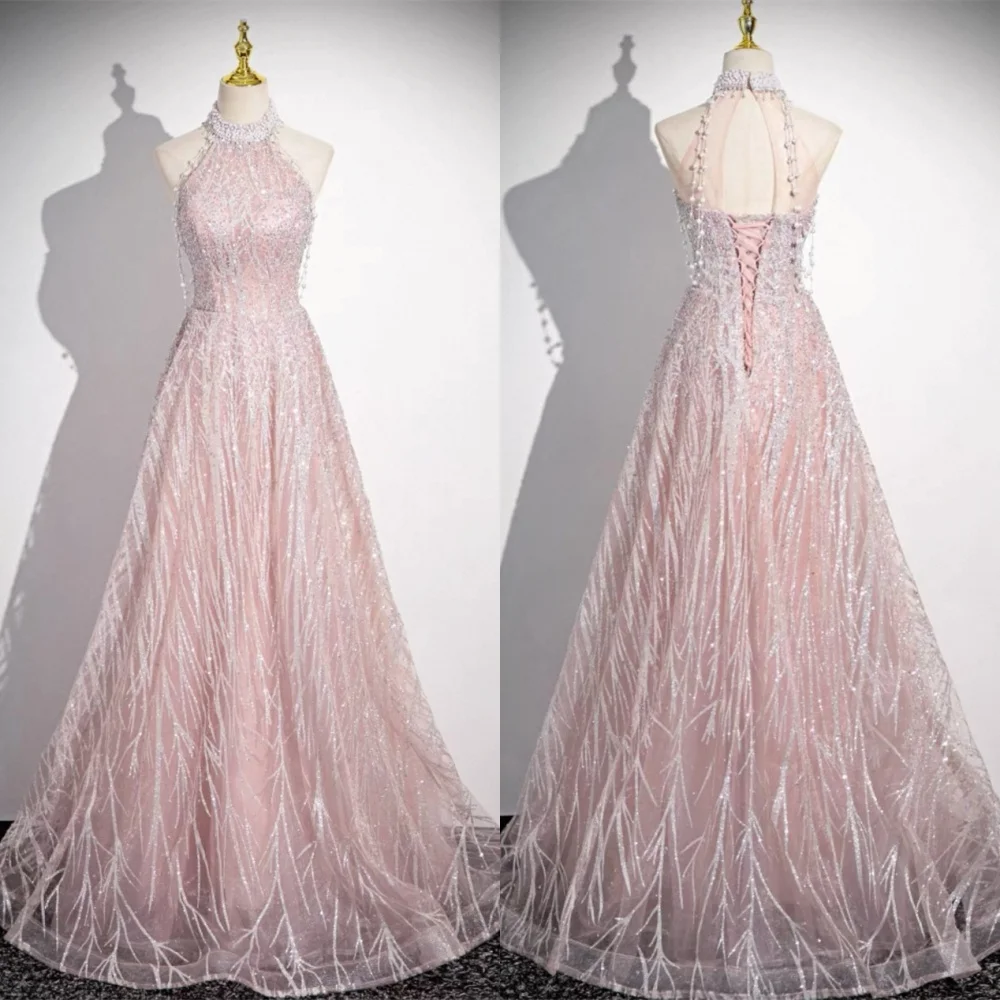 

Изысканное розовое тюлевое платье для встречи выпускников по индивидуальному заказу, нежное платье с круглым вырезом и жемчугом, кисточками и кристаллами на шнуровке сзади, Vestido De Noche