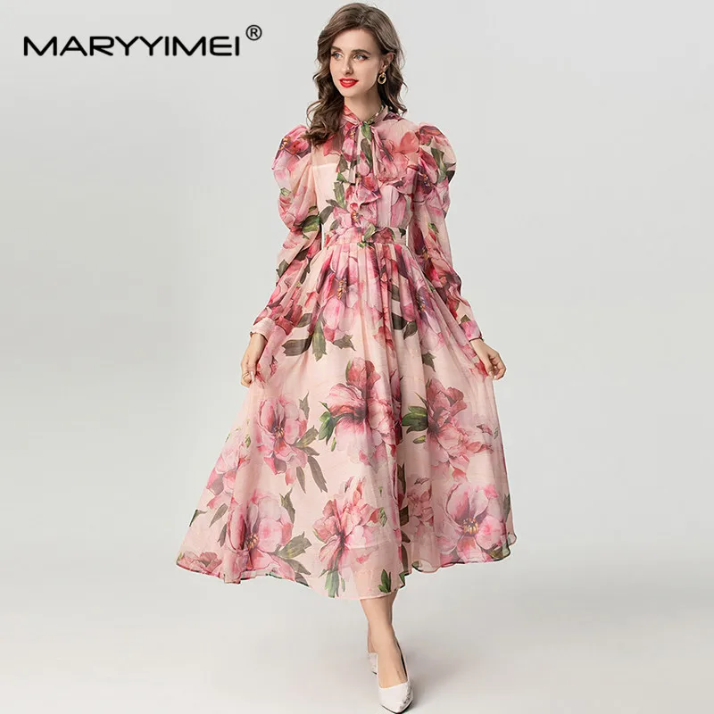 MARYYIMEI Autumn and Winter Women\'s Dress Long Sleeved Single-Breasted Pleated Splicing Print Bohemian Holiday Dresses