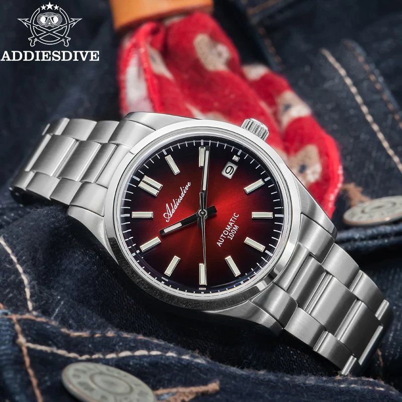 ADDIESDIVE Luxury Watch New Sappire Red Gradient Sunburst Dial NH35 Automatic Watch Waterproof 100m Dress Men Wristwatch AD2071