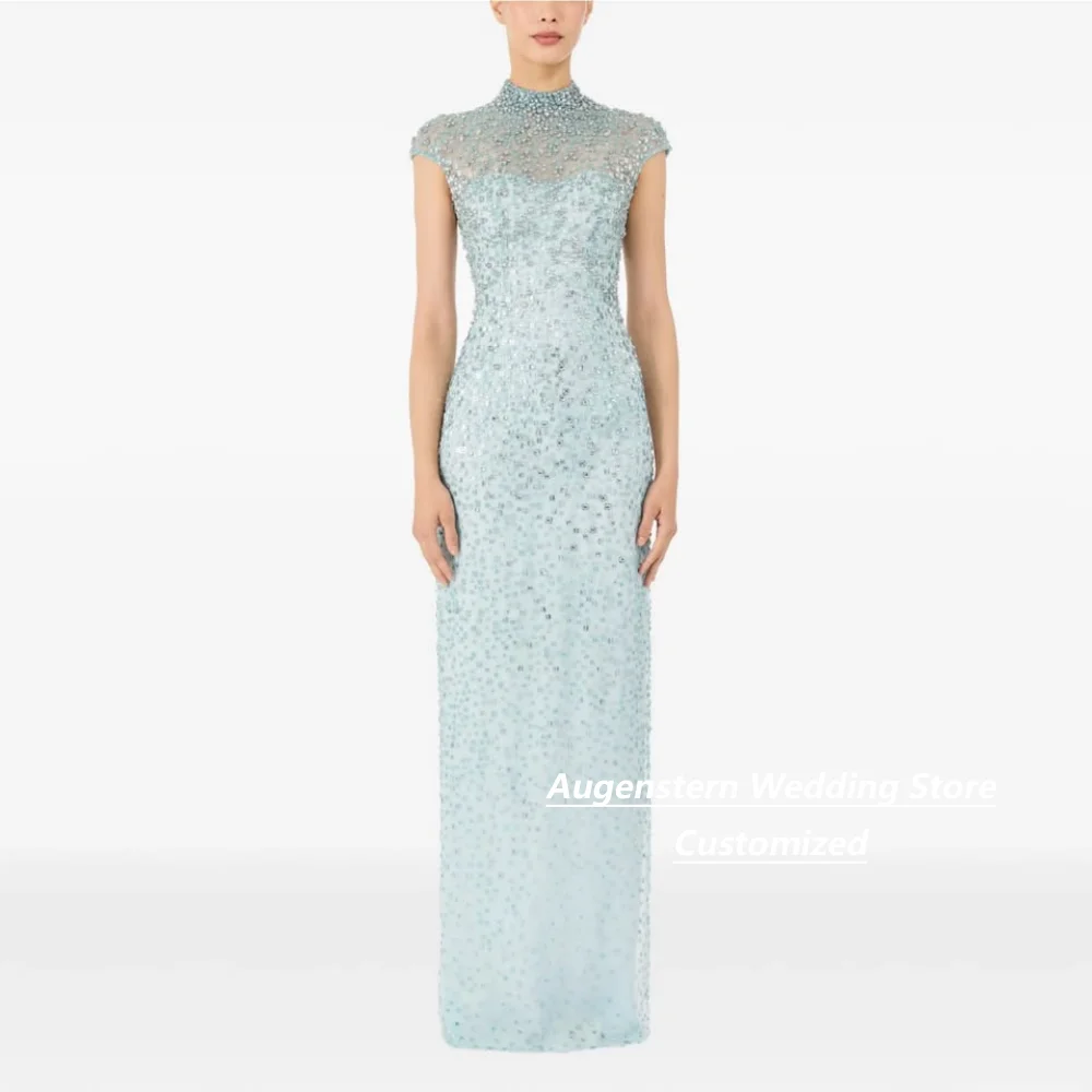 Customized Mint Mesh Mother Of The Bride Gown High Neck Cap Sleeve All Over Rhinestone Slim Midi Formal Wedding Guest Dress